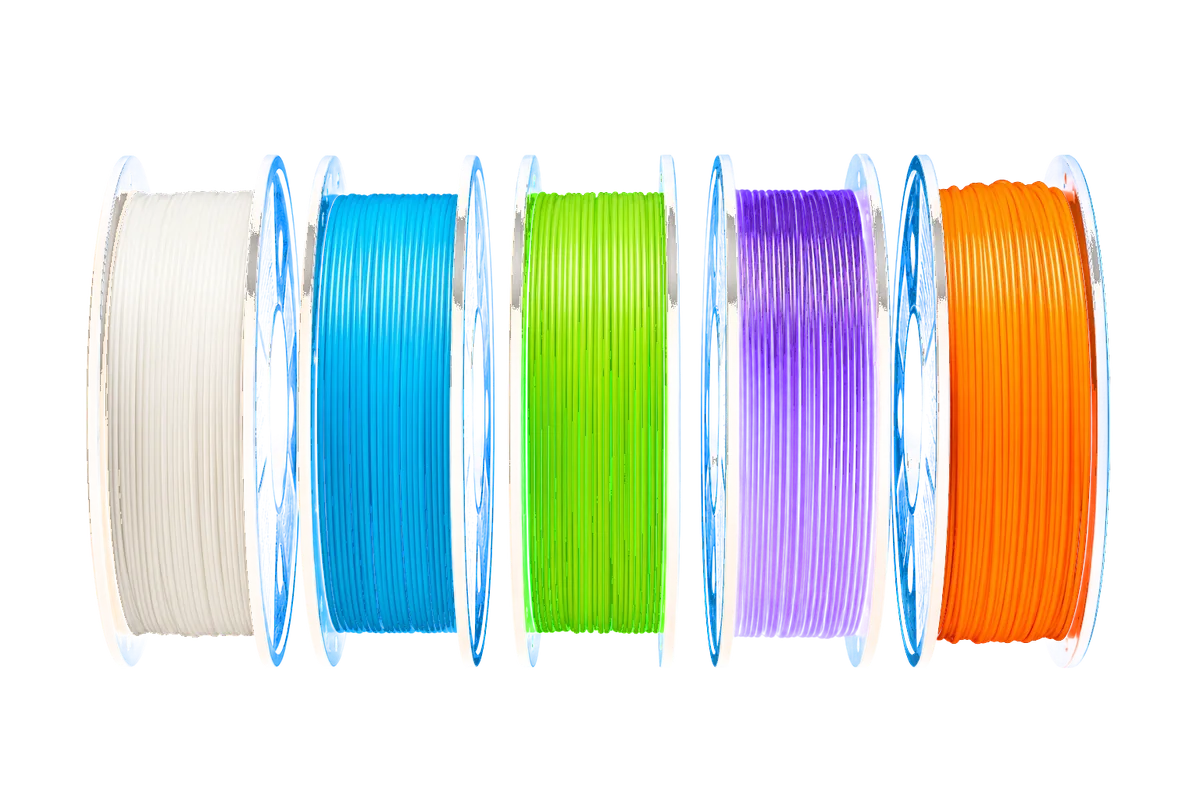 Filament spools in white, cyan, lime, violet and orange.